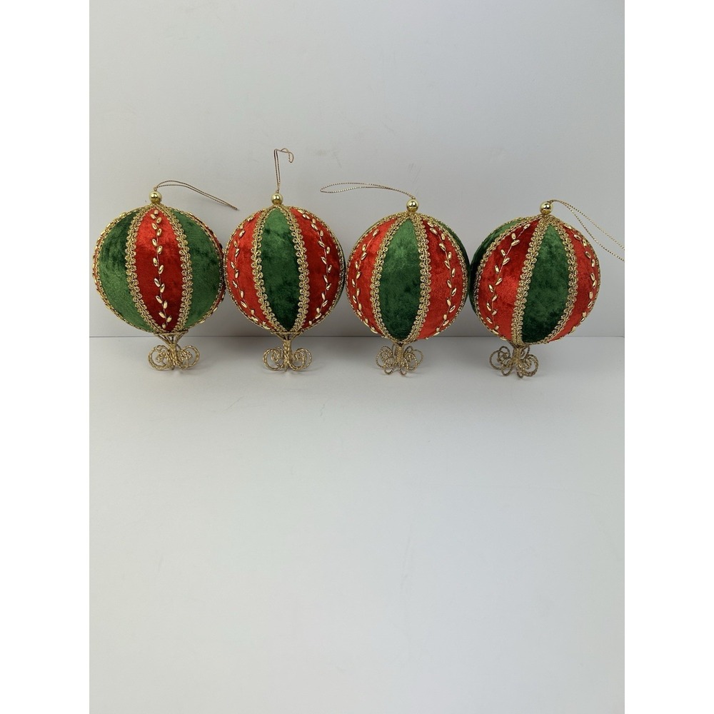 Vintage velvet Christmas Victorian style Ornaments Set 4 Red green velvet gold - Picture 7 of 8